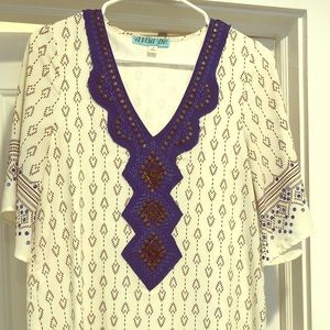 White/blue embellished printed tunic dress